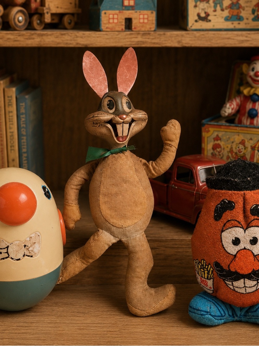 Bugs Bunny talking Rabbit, rolly poly bird toy and mr potato head burger king
